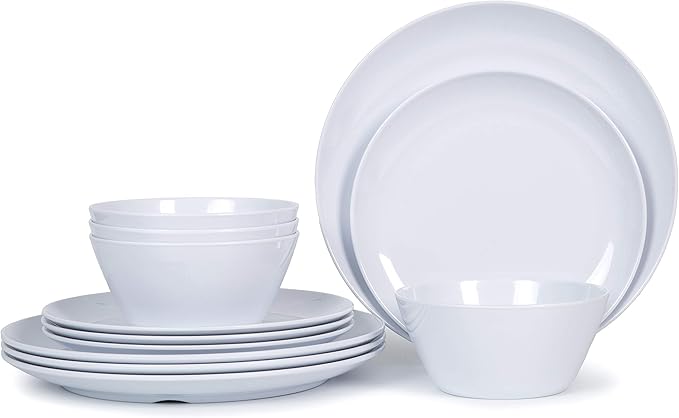 Melamine Dinnerware Set - 12pcs Plates and Bowls Set for 4, Indoor and Outdoor Use, Dishwasher Safe, Lightweight,White
