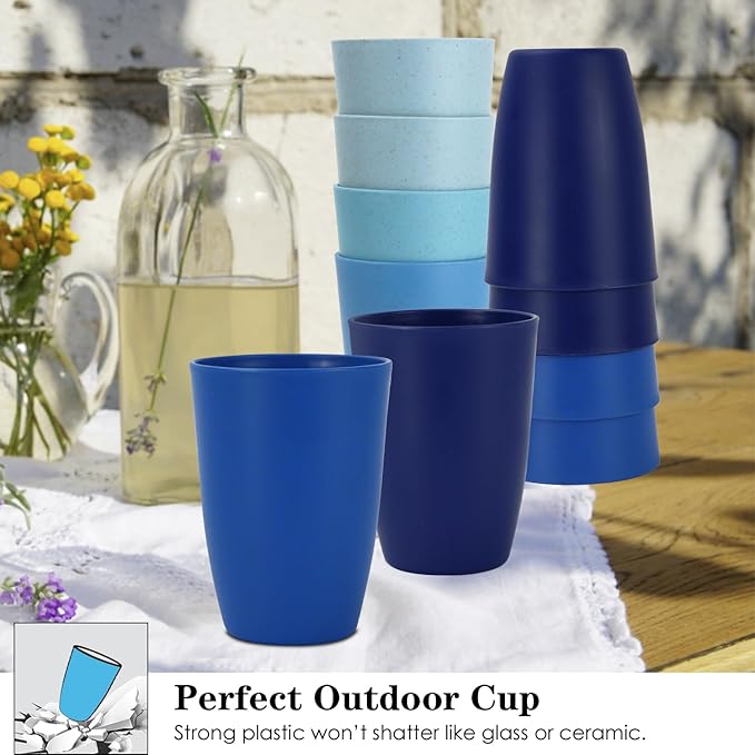 Wheat Straw Cups 8 PCS Good Alternative to Plastic Reusable Cups 12 oz Unbreakable Drinking Cup Reusable Dishwasher Safe Water Plastic Glasses - Ocean Series