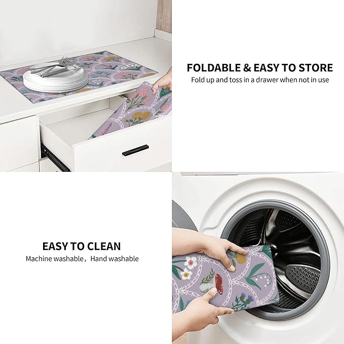 Vintage Flowers Dish Drying Mat 18x24 Inch, Microfiber Absorbent Fast Dry Mat Mushroom Floral Large Dish Mat Drying Kitchen Mat, Kitchen Drying Pad for Kitchen Counter Coffee Bar Decor Gifts