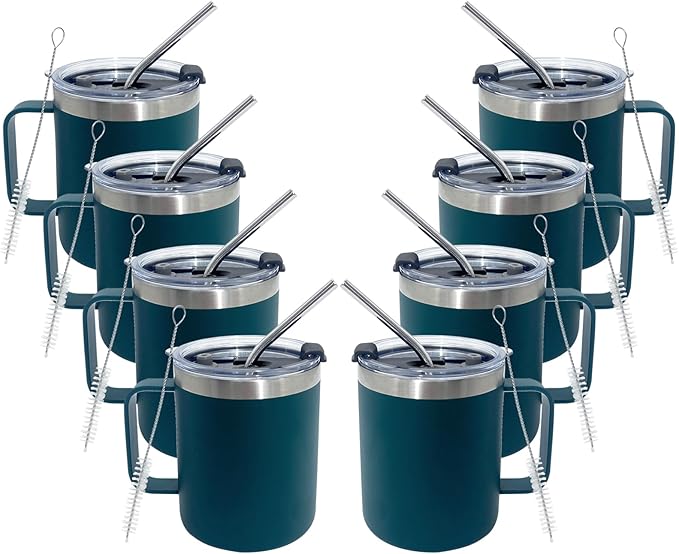 8pack 12oz Coffee Mug With Handle Bulk, Stainless Steel Insulated Travel Tumblers With,Double Wall Vacuum Camping Cup for Hot & Cold Drinks Tea (green)