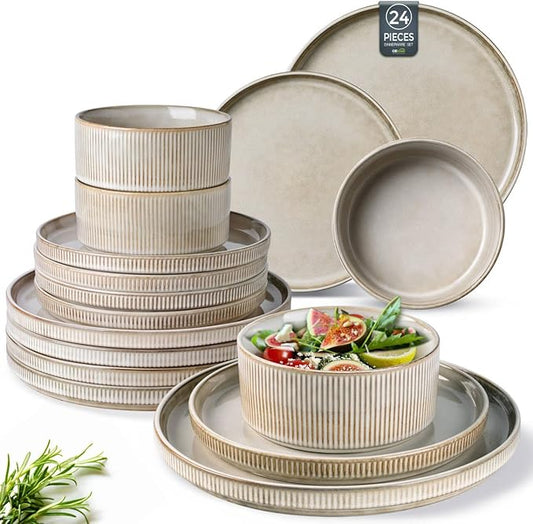 GBHOME Stoneware Dinnerware Sets for 8,Round Reactive Glaze Ceramic Plates and Bowls Set,Highly Scratch Resistant| Dishwasher & Microwave Safe Dishes Set,Service for 8(24pc)