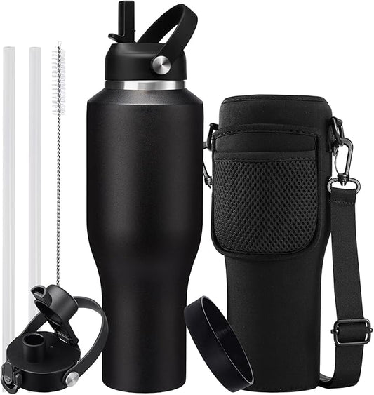 40 OZ Stainless-steel Insulated Water Bottles - Cold 48H & Hot 24H, Leak-Proof Metal Water Flask with Sleeve, Protective Boot, BPA Free Vacuum Insulated 40oz Water Bottle Fits In Cup Holder