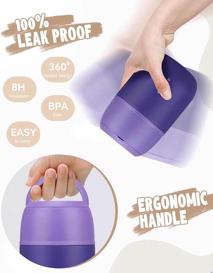 17oz Soup Thermo for Hot Food Adults Insulated Food Jar Thermo Hot Food Lunch Container Wide Mouth Stainless Steel Lunch Box for Kids with Folding Spoon Cleaning Brush Purple