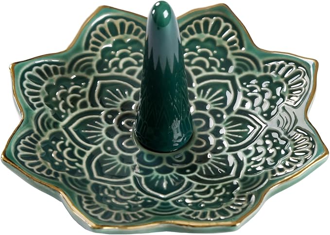 Ceramic Mandala Ring Holder, Decorative Jewelry Dish, Trinket Tray Room Decor, Engagement Wedding Birthday Gifts for Women (Green)