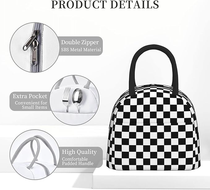 Aeoiba Black White Checkerboard Insulated Lunch Box Tote Bag Handbag lunchbox Food Container Gourmet Tote Cooler warm Pouch For School work Office