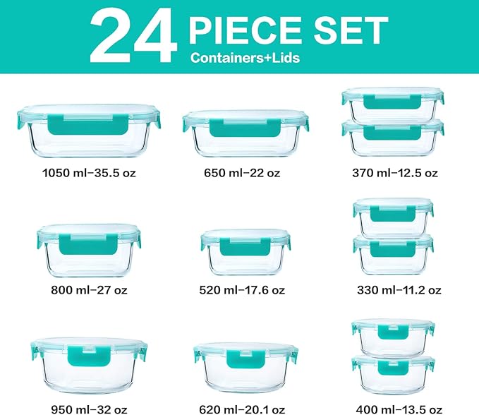 24-Piece Glass Food Storage Containers with Locking Lids,Glass Meal Prep Containers Set - Airtight Lunch Containers, Microwave, Oven, Freezer and Dishwasher,Green
