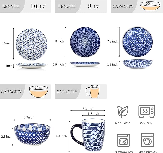 Selamica 30-Pieces Ceramic Dinnerware Sets for 6, Scratch Resistant Plates and Bowls Sets, Microwave and Dishwasher Safe, Vintage Blue A