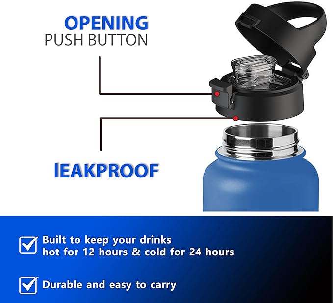 32oz Insulated Water Bottle with Straw & Handle- 24hr Cold/12hr Hot, Leakproof Stainless Steel Metal Bottle for Gym, Travel & Sports