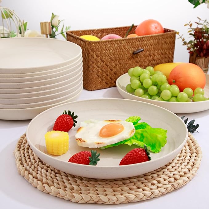 supernal 16pcs Lightweight Wheat Straw Plates,Unbreakable Plastic Dishes,Microwave Dishwasher Safe Party Plastic Dish,Beige Reusable Dinner Plates, Wheat Straw Dinnerware for Picnic,Birthday,Camping