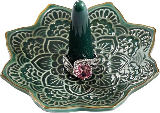 Ceramic Mandala Ring Holder, Decorative Jewelry Dish, Trinket Tray Room Decor, Engagement Wedding Birthday Gifts for Women (Green)