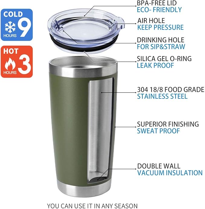 HASLE OUTFITTERS 20oz Tumblers Bulk Stainless Steel Cup with Lid Double Wall Vacuum Insulated Coffee Mug for Cold & Hot Drinks 1 Pack, Army Green