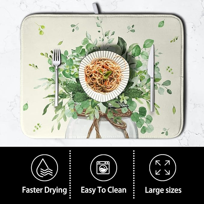 Spring Sage Green Leaves Dish Drying Mat for Kitchen Counter Eucalyptus Leaf Floral Mason Jar Dishes Drainer Mats Absorbent Microfiber Dish Draining Mat Washable Large Dish Pad 18x24 Inch