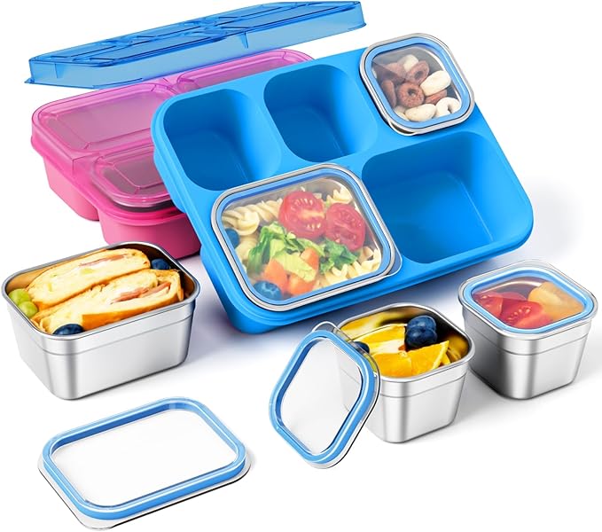 Stainless Steel Snack Containers - 2 Pack, BPA-Free Lunch Bento Box with 5 Compartment, Reusable Food Storage Snackle Box for School, Work, and Travel, Dishwasher Safe (Pink/Blue)