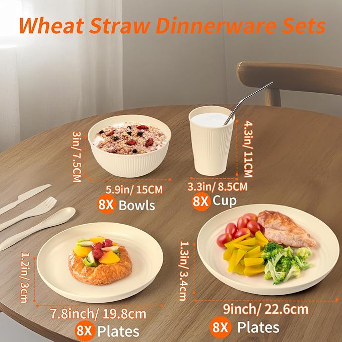 64PCS Wheat Straw Dinnerware Set for 8 BPA Free Kitchen Unbreakable Set for Home Outdoor Camping