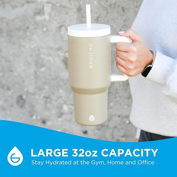GROSCHE ASPEN 32 oz Tumbler with Handle and Straw. Extreme Insulation, Classy Design, Built to Last Insulated Stainless Steel Tumbler with Handle, Lid and Straw - Sand Beige