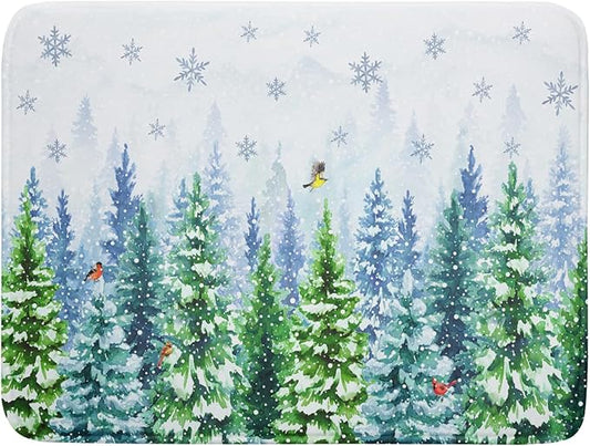 Winter Forest Dish Drying Mats - Snowflake Birds Dish Drainer Mat 18x24 Welcome Christmas Dish Draining Mat Watercolor Wildlife Tree Drying Pad for Kitchen Counter Sink