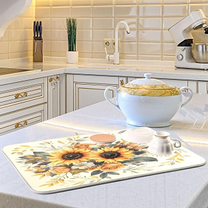 Sunflower Leaf Flower Dish Drying Mat for Kitchen Counter Absorbent Dish Drainer Mats Drying Pads 18"x24"
