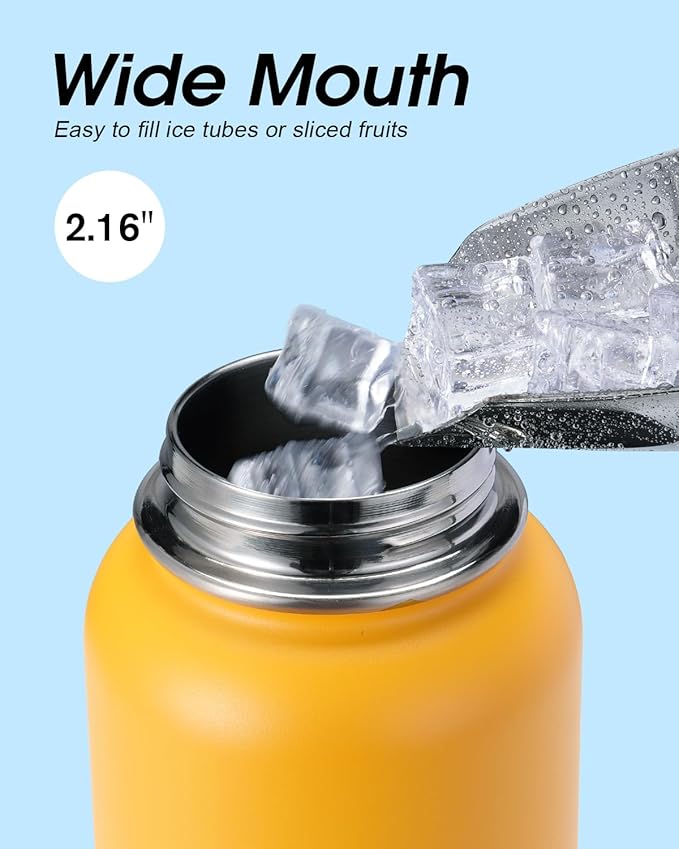 Water Bottle 32 oz Insulated with Straw, Coolflask Stainless Steel Metal 3 Lids Water Flask Wide Mouth for Sports or Office, Non-BPA Keep Cold Up to 48 Hrs or Hot Up to 24 Hrs, Ombre Yellow/Orange