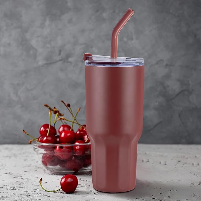 VEGOND 30 oz Insulated Stainless Steel Tumbler with lid and straw Double Wall Vacuum Travel Coffee Mug with Non-Slip Silicone Base, Sweat Proof Powder Coated Cup for Hot Cold Drinks, Red