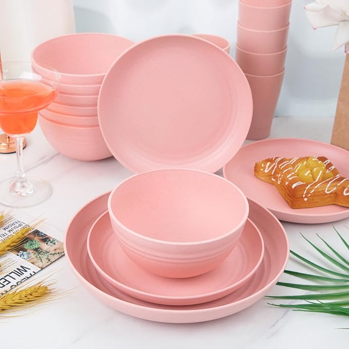 Supernal Pink Wheat Straw Dinnerware Sets,Unbreakable Dishes for 8, Plate and Bowls Sets, Reusable Plates, Microwave Dishwasher Safe Plates,Plastic Dinnerware Set, Pink Plastic Tableware