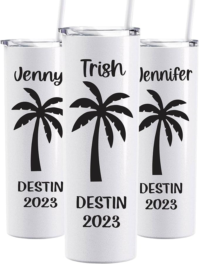 AVITO Personalized Palm Tree Tumbler - 20 oz Glitter White Tumbler - Includes Straw and Lid with Straw Opening - Vacuum Insulated - Stainless Steel