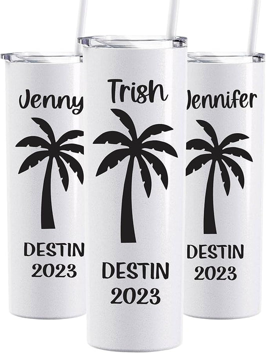 AVITO Personalized Palm Tree Tumbler - 20 oz Glitter White Tumbler - Includes Straw and Lid with Straw Opening - Vacuum Insulated - Stainless Steel