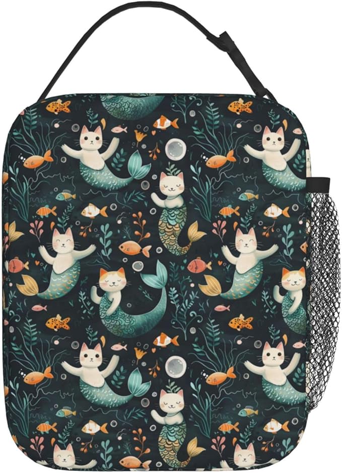 Reusable Mermaid Cat Lunch Box for Kids Girls Boys Women Adult, Insulated Cute Lunch Bag,Polyester Cooler Underwater Handbags Case for School Picnic Work Travel Beach or Hiking (Dark)