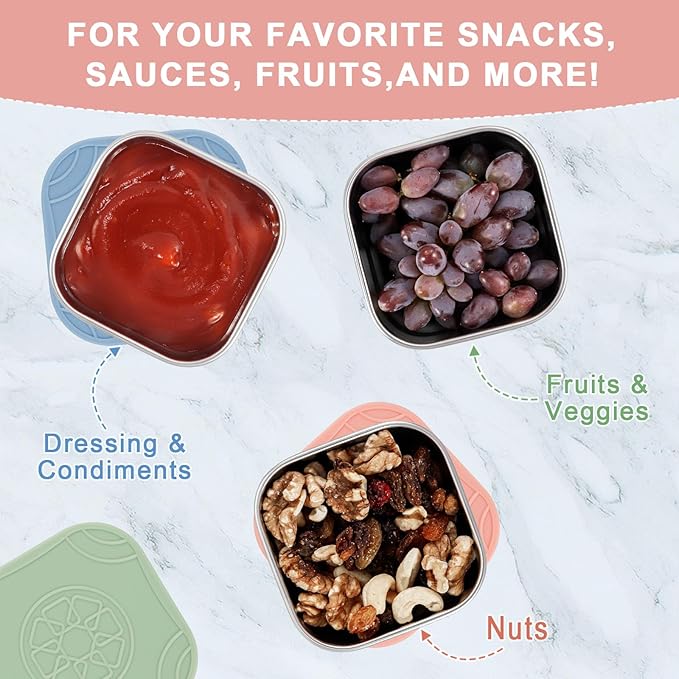 Caperci 3-Pack Stainless Steel Snack Containers with Silicone Lids - 8oz Leak-Proof Small Food Containers for Snacks Condiments - Large Salad Dressing Containers, Reusable & BPA-Free