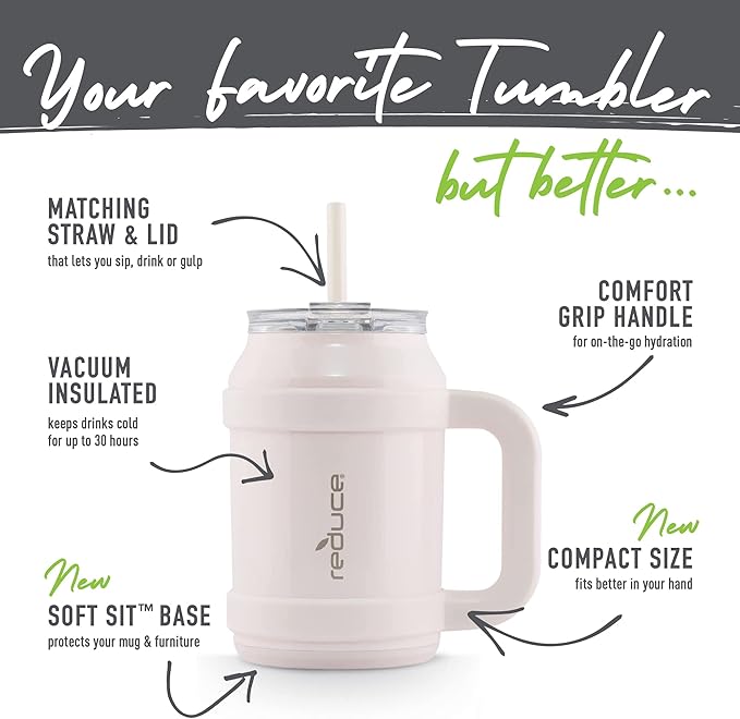 REDUCE Reusable 32 oz Cold1 Water Tumbler – Ergonomic Handle – Double-Wall Insulation – Sturdy Desktop/Tabletop Mug with Lid and Straw – BPA-Free – Stainless Steel for Gym, Home, or Office– Cotton
