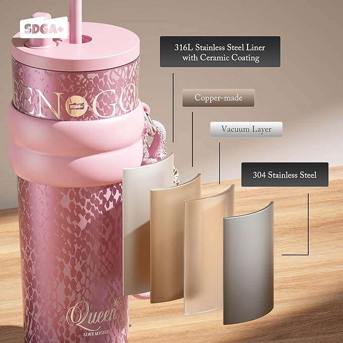 24 oz Stainless Steel Tumbler with Lid and Straw, Insulated Water Bottle Leak Proof for Hot and Cold, Portable Travel Coffee Mug, Reusable Coffee Cup for Women, Blush Pink