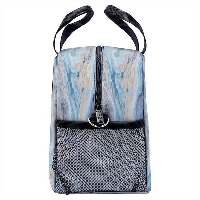 Blue Marble Lunch Bag for Women Men Cute Large Capacity Thermal Lunch Tote Reusable Washable with Adjustable Shoulder Strap and Dual Large Mesh Side Pockets