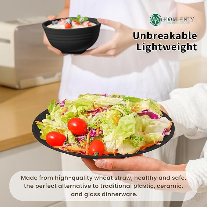 Homienly 16-Piece Wheat Straw Dinnerware Sets, Reusable Unbreakable Plates and Bowls Sets,Cups,Service for 4, Premium Dishwasher and Microwave Safe Dish Sets for Kitchen,Outdoor - Black