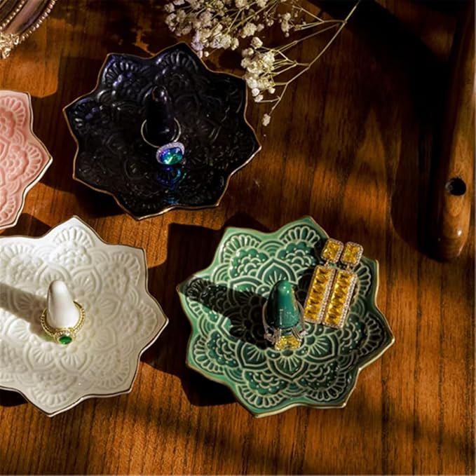 Ceramic Mandala Ring Holder, Decorative Jewelry Dish, Trinket Tray Room Decor, Engagement Wedding Birthday Gifts for Women (white)