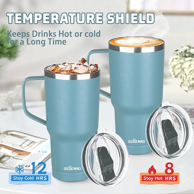 20 oz Insulated Coffee Mug with Ceramic Coating, Stainless Steel Travel Mug Tumbler with Handle Lid and Straw, Double Wall Leak-Proof Coffee Travel Mug Keeps Drink Hot and Cold (Lake Green)