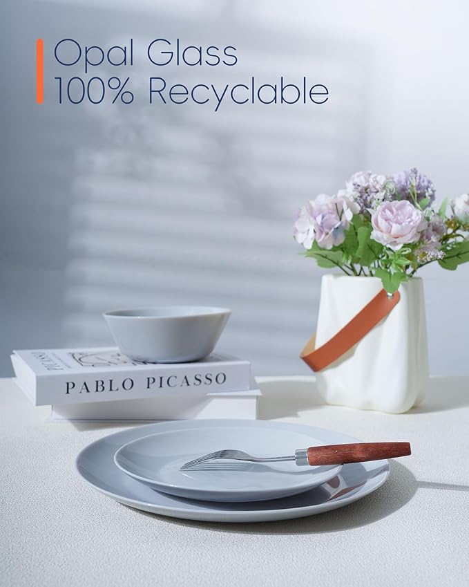 10.5 inch Dinner Plate Set of 6, Lightweight Round Opal Glass Grey Dinnerware Plates, Dishwasher and Microwave Safe