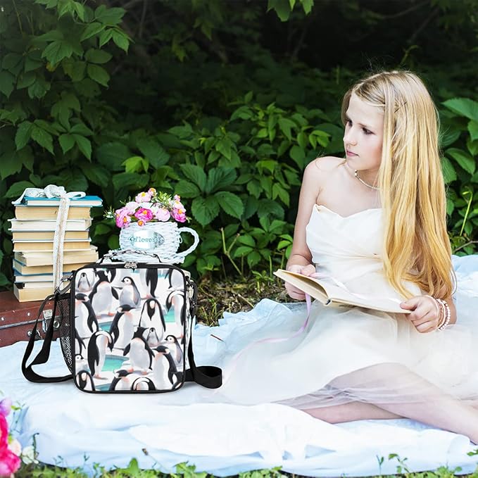 cfpolar Kids Penguin Lunch Bag, Reusable Insulated Lunch Box with Shoulder Strap, Thermal Cooler Lunch Tote, Leakproof, Multicolor, Animal Pattern