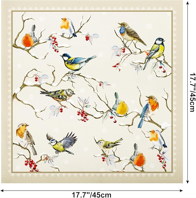 Winter Birds Napkins, 18×18 Inch Vintage Dinner Cloth Napkins Set of 4, Washable Cotton Soft Absorbent Square Napkins for Dining Kitchen Party Wedding Decoration