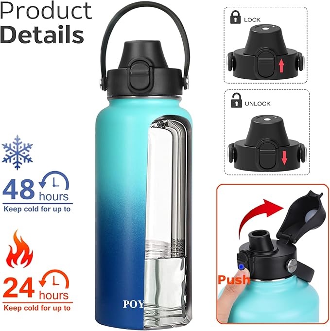 Water Bottle Insulated 32oz 40oz 64oz 128oz Straw Lid Spout Lid & 3 Lids, Leak Proof, Vacuum Insulated,Stainless Steel Water Bottle Wide Mouth for Sports, Gym or Office