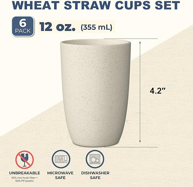 Wheat Straw Cups 6 PCS Good Alternative to Plastic Reusable Cups 12 oz Unbreakable Drinking Cup Reusable Dishwasher Safe Water Plastic Glasses Beige