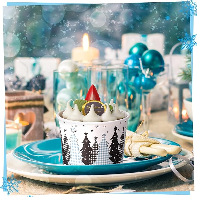 50 Pack Christmas Tree Treat Snack Cups Blue Gingham Buffalo Plaid Paper Ice Cream Cups 9 oz Xmas Tree Disposable Dessert Bowls for Hot or Cold Food Winter Xmas Holiday Party Supplies