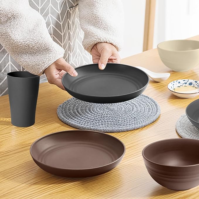 Teivio 32-Piece Kitchen Plastic Wheat Straw Dinnerware Set,Service for 8,Unbreakable Dinner Plates, Bowls,Cups,Farmhouse Outdoor Camping Dishes for Rustic Life/Country/Vintage Colorful,Aesthetic