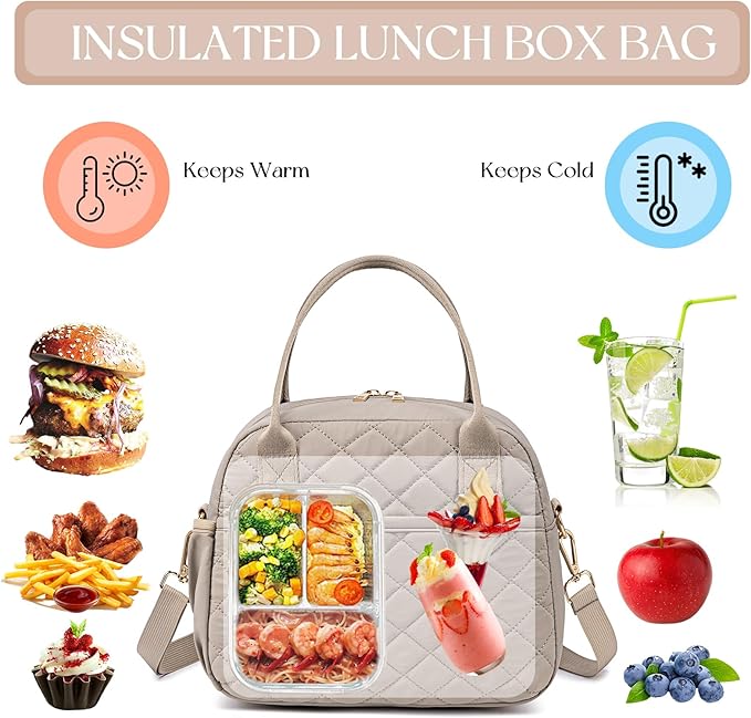 CAMTOP Lunch Box for Women Men Insulated Lunch Bag Lunch Tote Bag Leakproof Thermal Cooler Large Capacity for Travel Work School Picnic (Shoulder-Grey)