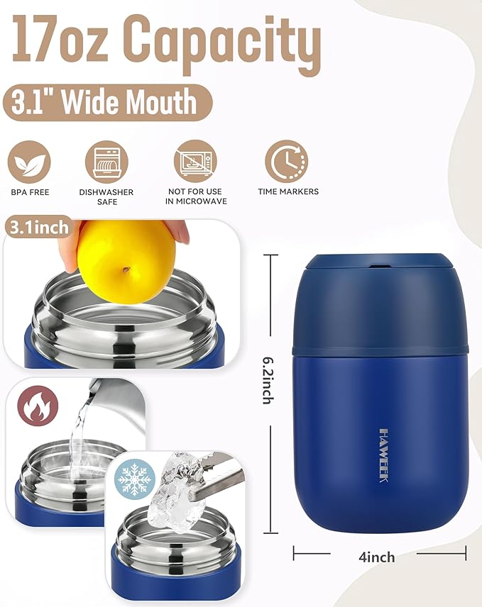 17oz Soup Thermo for Hot Food Adults Insulated Food Jar Thermo Hot Food Lunch Container Wide Mouth Stainless Steel Lunch Box for Kids with Folding Spoon Cleaning Brush Navy Blue
