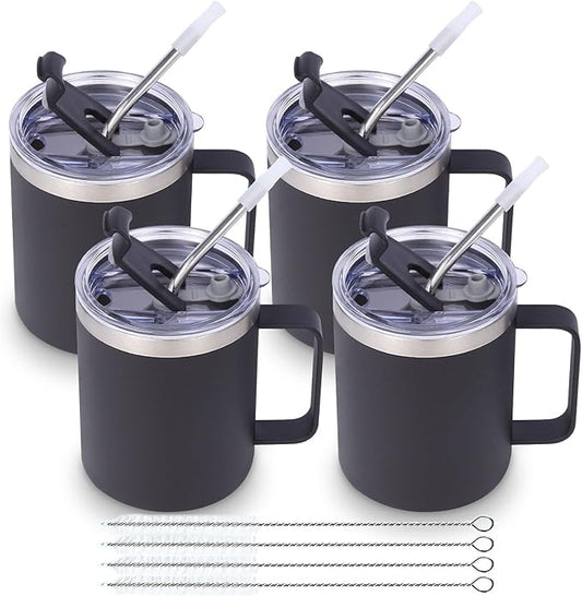 Volhoply 12oz Insulated Leakproof Coffee Mug with Flip & Straw Lid Bulk 4 Pack,Double Wall Vacuum Stainless Steel Travel Tumbler Cup with Handle,Camping Mugs Keep Cold/Hot(Black,4 Set)