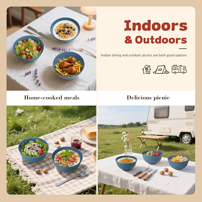 Wrova 6-piece Wheat Straw Bowls sets 26oz,Alternative Plastic Bowls Reusable for indoors and outdoors,Microwave-able and Dishwasher Safe Bowls Sets Easy to Clean.Blue Series