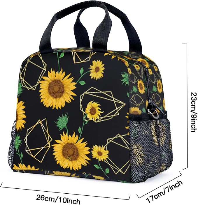 Yellow sunflower geometric shapes modern art Lunch Bag for Women Men Cute Large Capacity Thermal Lunch Tote Reusable Washable with Adjustable Shoulder Strap and Dual Large Mesh Side Pockets