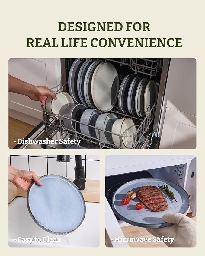 Famiware Annecy Plates and Bowls Sets, Service for 4 (16 Pieces), Dinnerware Sets with Pasta Bowls, Microwave and Dishwasher Safe Dishes Set, Chip and Scratch Resistant, Reactive Blue