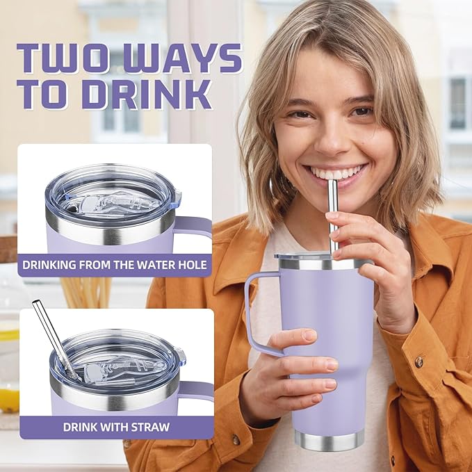20 oz Tumbler with Handle Stainless Steel Insulated Coffee Mug Tumbler with Lid and Straw Double Wall Vacuum Insulated Coffee Mug Leak Proof Travel Tumbler for Hot and Cold Drink (Pale Purple,1pack)