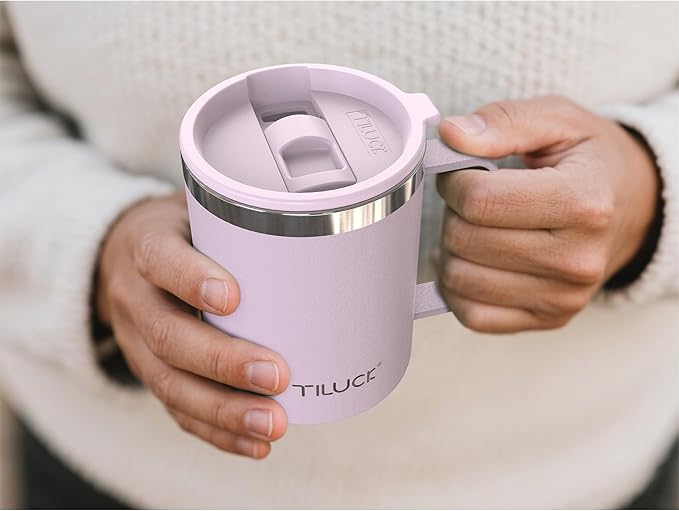 TILUCK 12 oz Insulated Coffee Mug with Lid, Leak-Proof Stainless Steel Travel Mug Cup with Handle for Hot or Cold Drinks(LightPurple, 12oz)