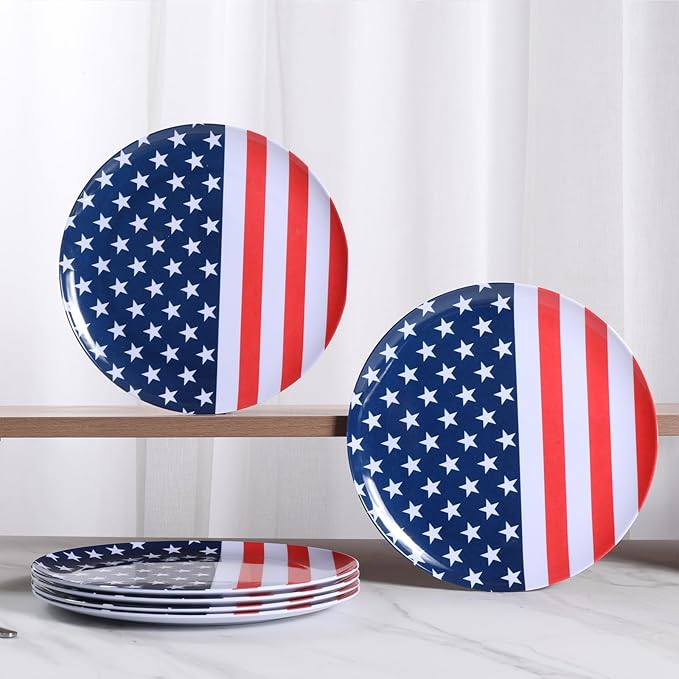White Melamine Dinner Plates,6pcs Dishes Set,10inch Lightweight Round Plates,Scratch Resistant Unbreakable Serving Dishes,Flag